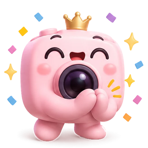 Shotori mascot, a pink camera with a crown